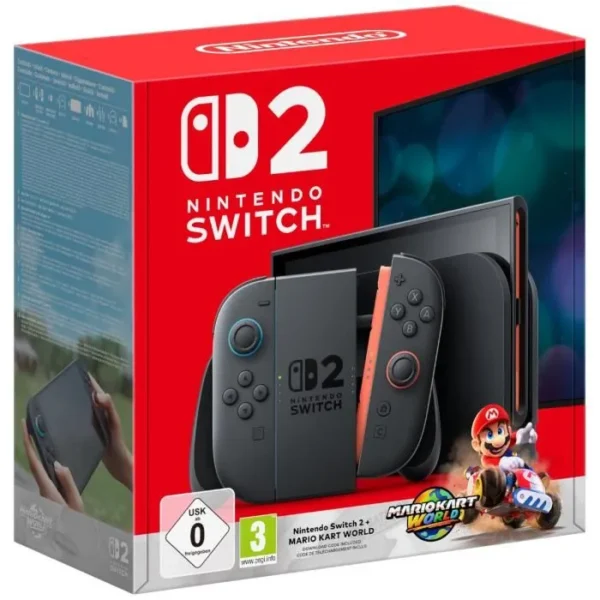 1 Consola Nintendo Switch 2 azul claro y rojo claro + Mario Kart World (código)