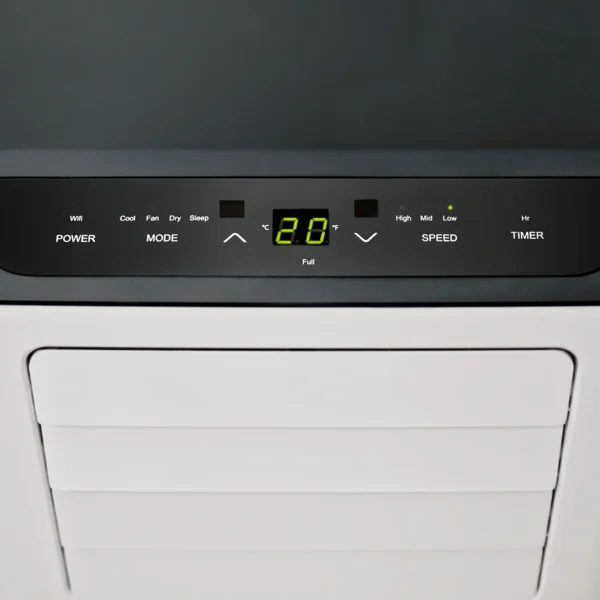 Aire acondicionado portátil 3 en 1 con capacidad de 14.000 BTU y función de deshumidificación.